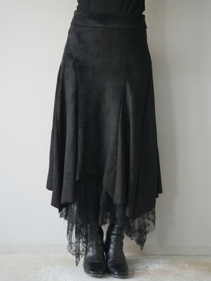 [予約]スエード裾レースアシンメトリースカート/black