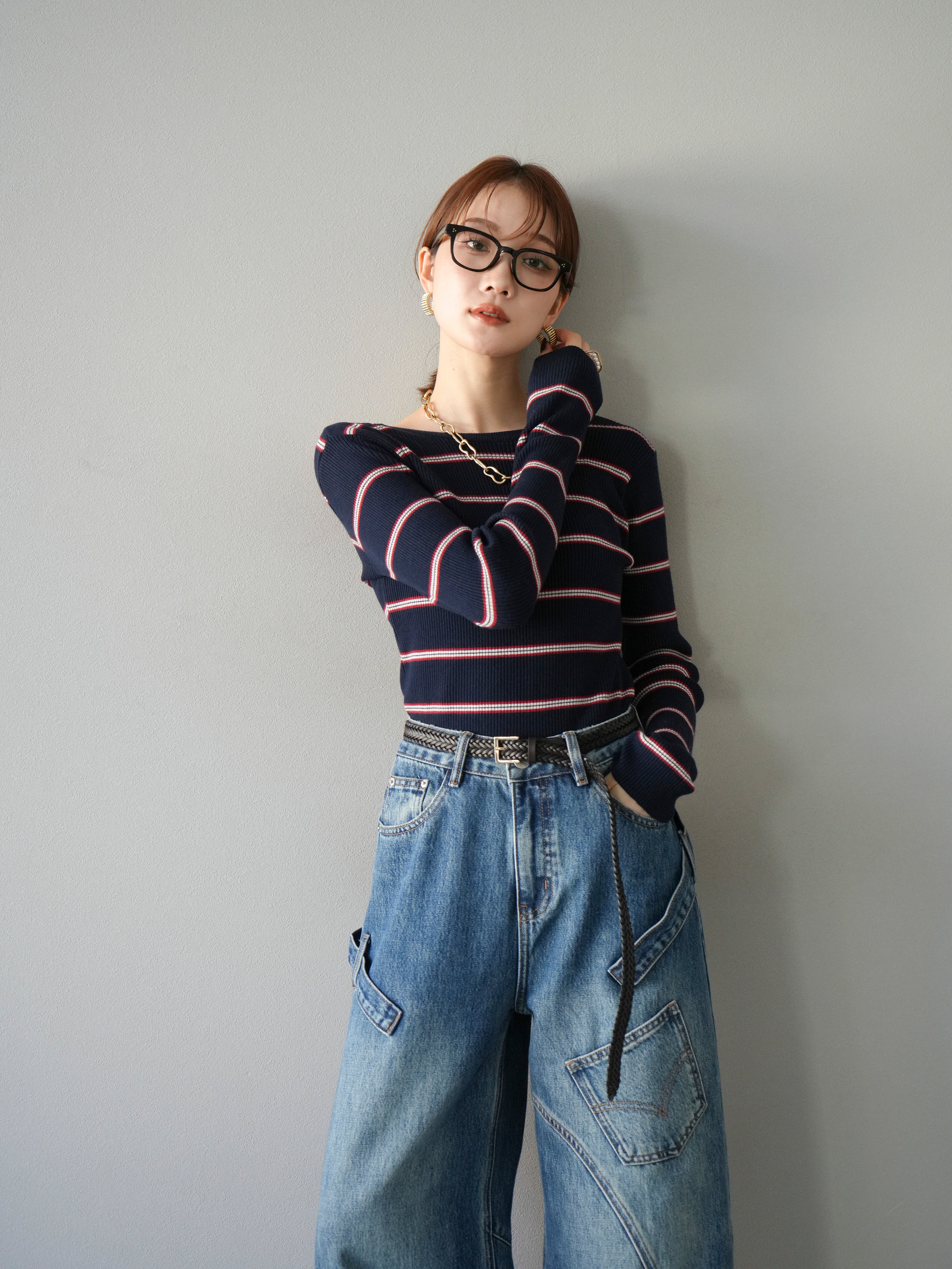 SET]バックオープンボーダーテレコリブトップス+ペインターカーブ