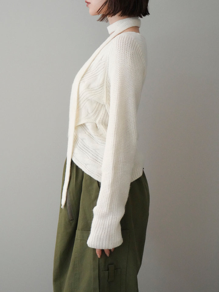 [予約]ケーブル編みクロスニットトップス/white