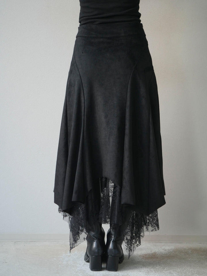 [予約]スエード裾レースアシンメトリースカート/black