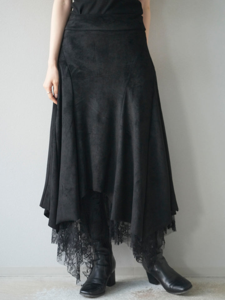 [予約]スエード裾レースアシンメトリースカート/black