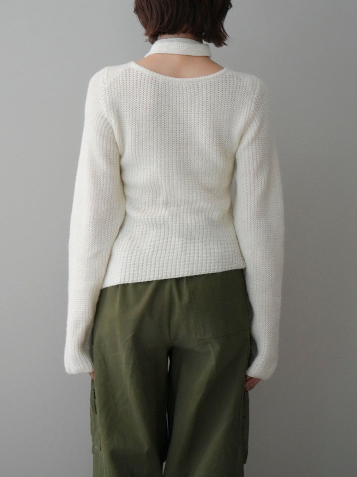 [予約]ケーブル編みクロスニットトップス/white