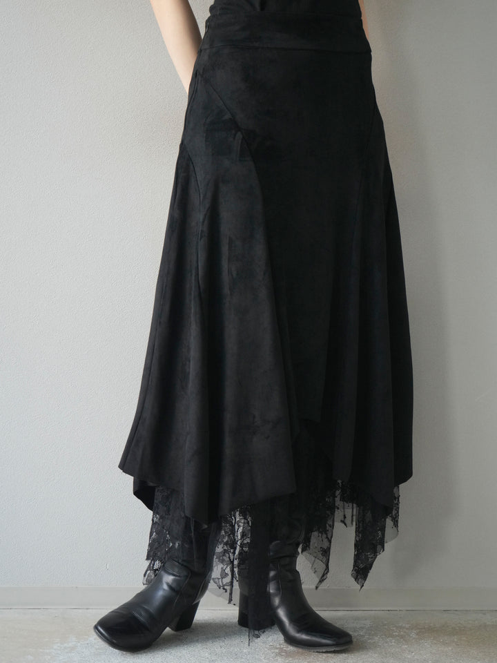 [予約]スエード裾レースアシンメトリースカート/black