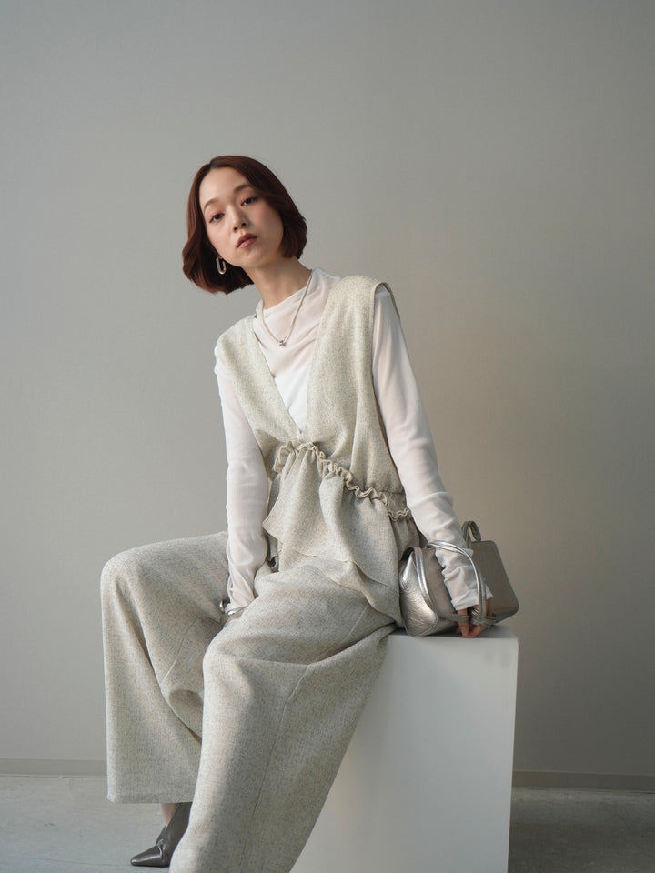 [SET]3WAYミックスツイードギャザーオールインワン+シアープチネックストレッチトップス(2set)