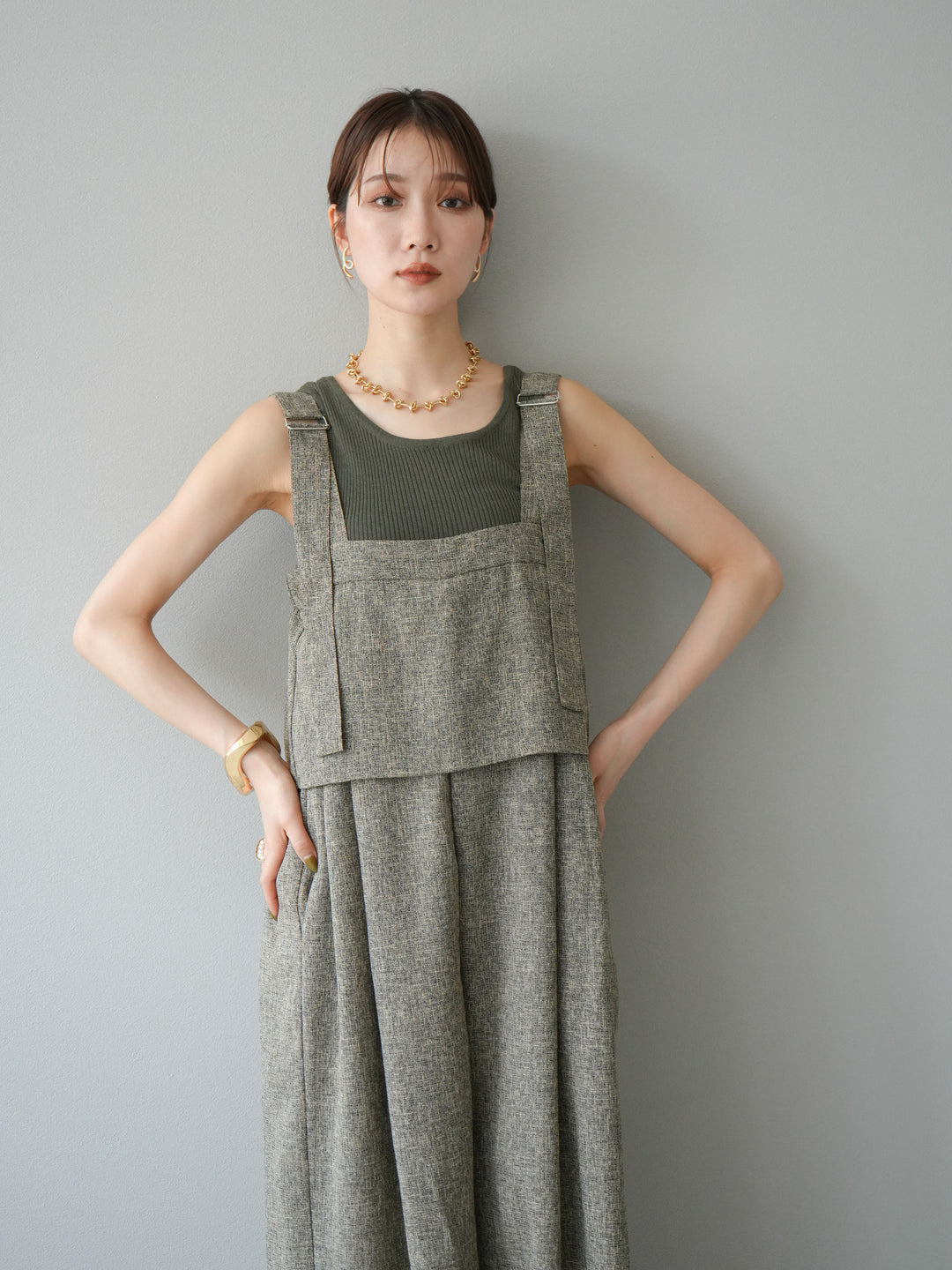 [予約]サマーツイードケープサロペット/ブラウン