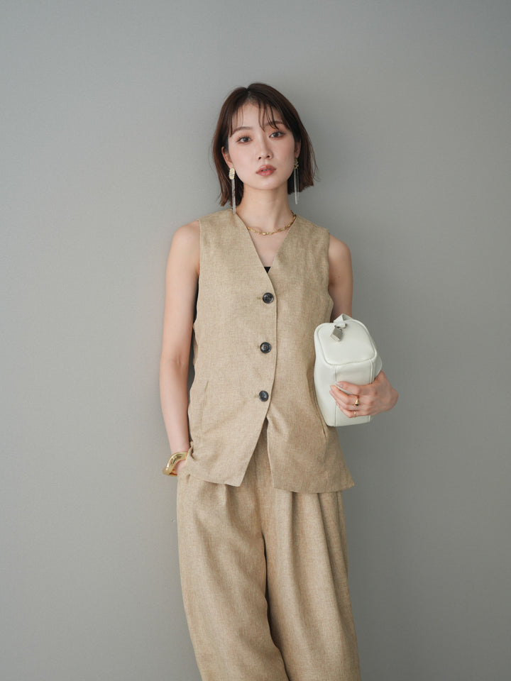 [SET]リネンライクバックオープンジレ+リネンライクタックワイドパンツ(2set)