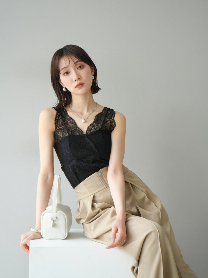 [予約]カップ付レースタンクトップ/ ブラック