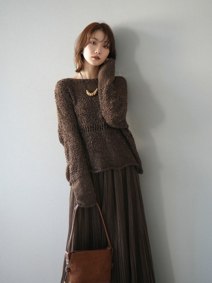 [予約]ミックスヤーンデザイン編みメッシュニットプルオーバー/ブラウン
