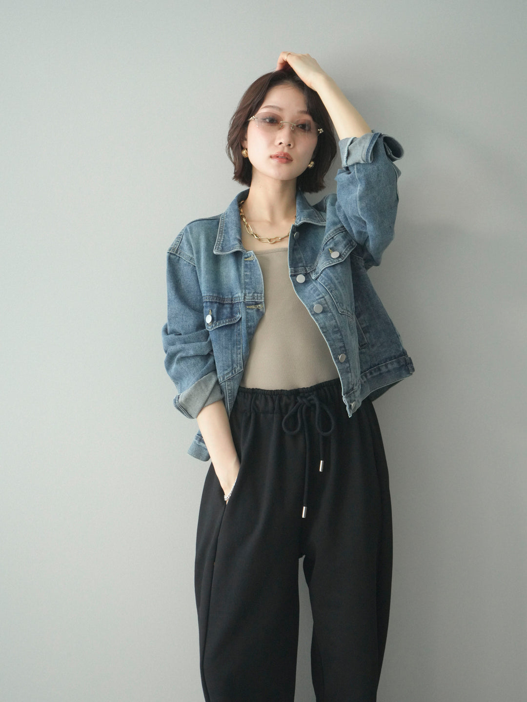 [予約]配色ステッチデニムジャケット/lightblue