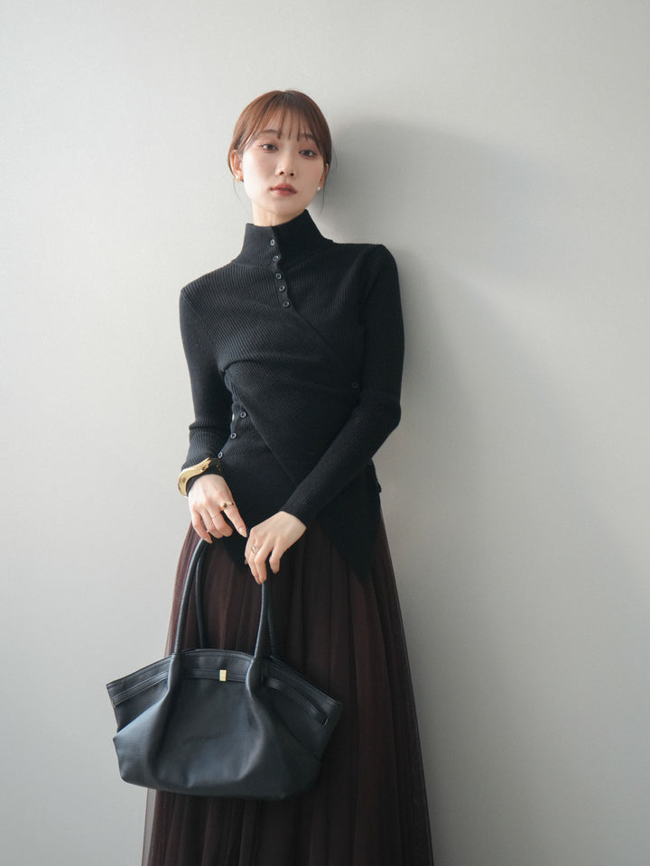 [予約]クロスデザインボトルネックリブニットトップス/black