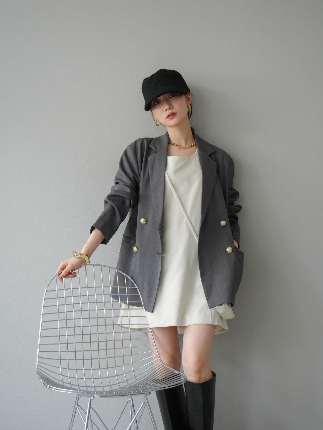 [予約]ゴールドボタンツイルダブルテーラードジャケット/グレー