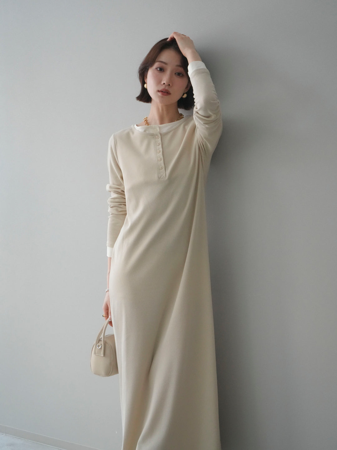 [予約]配色レイヤードヘンリーネックカットリブワンピース/ivory