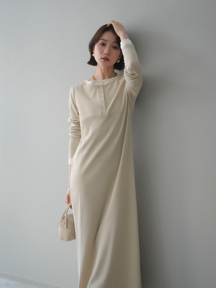 [予約]配色レイヤードヘンリーネックカットリブワンピース/ivory