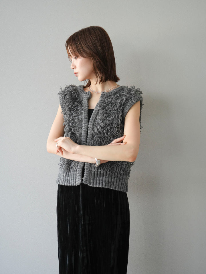 [SET]レザー襟オンブレチェックオーバーシャツ +ループデザインホックベスト +クラッシュベロアナロースカート(3set)