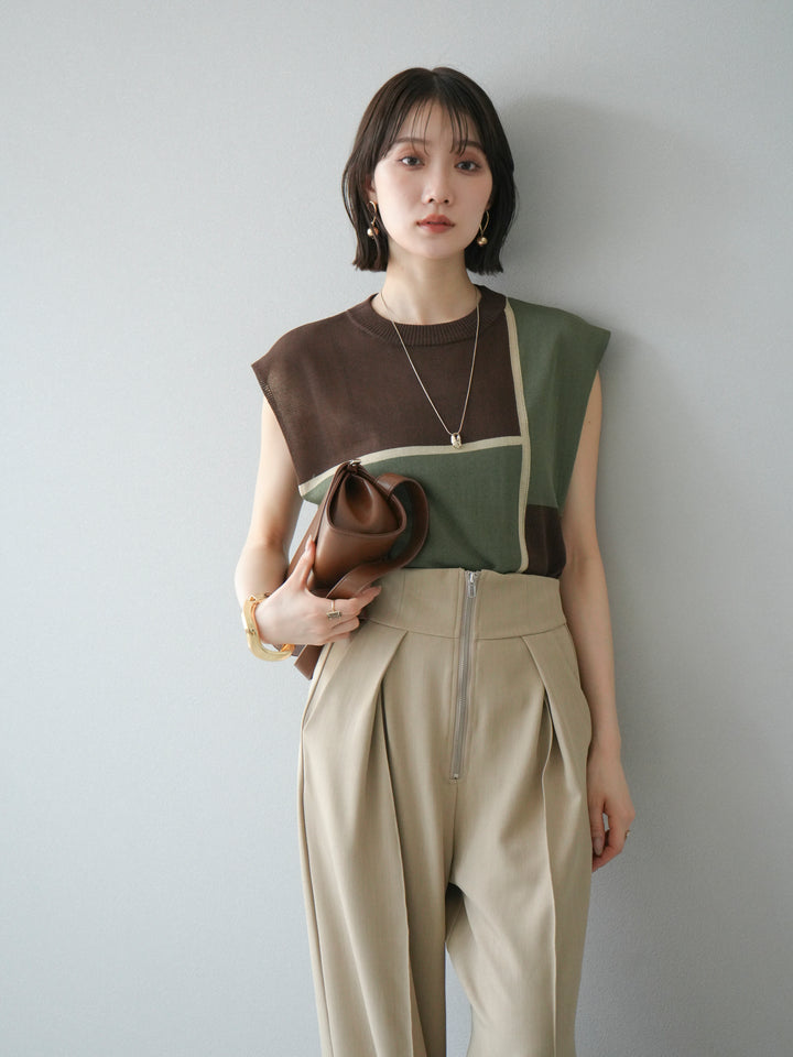 [予約]配色ノースリーブニットプルオーバー/ブラウン