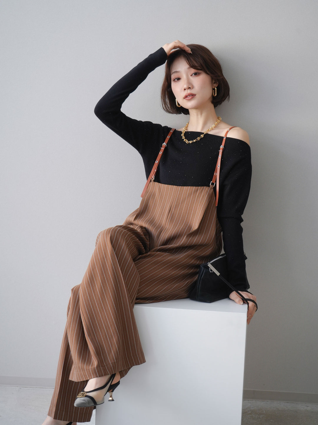 [予約]ヘリンボーンストライプサス付サロペット/goldbrown