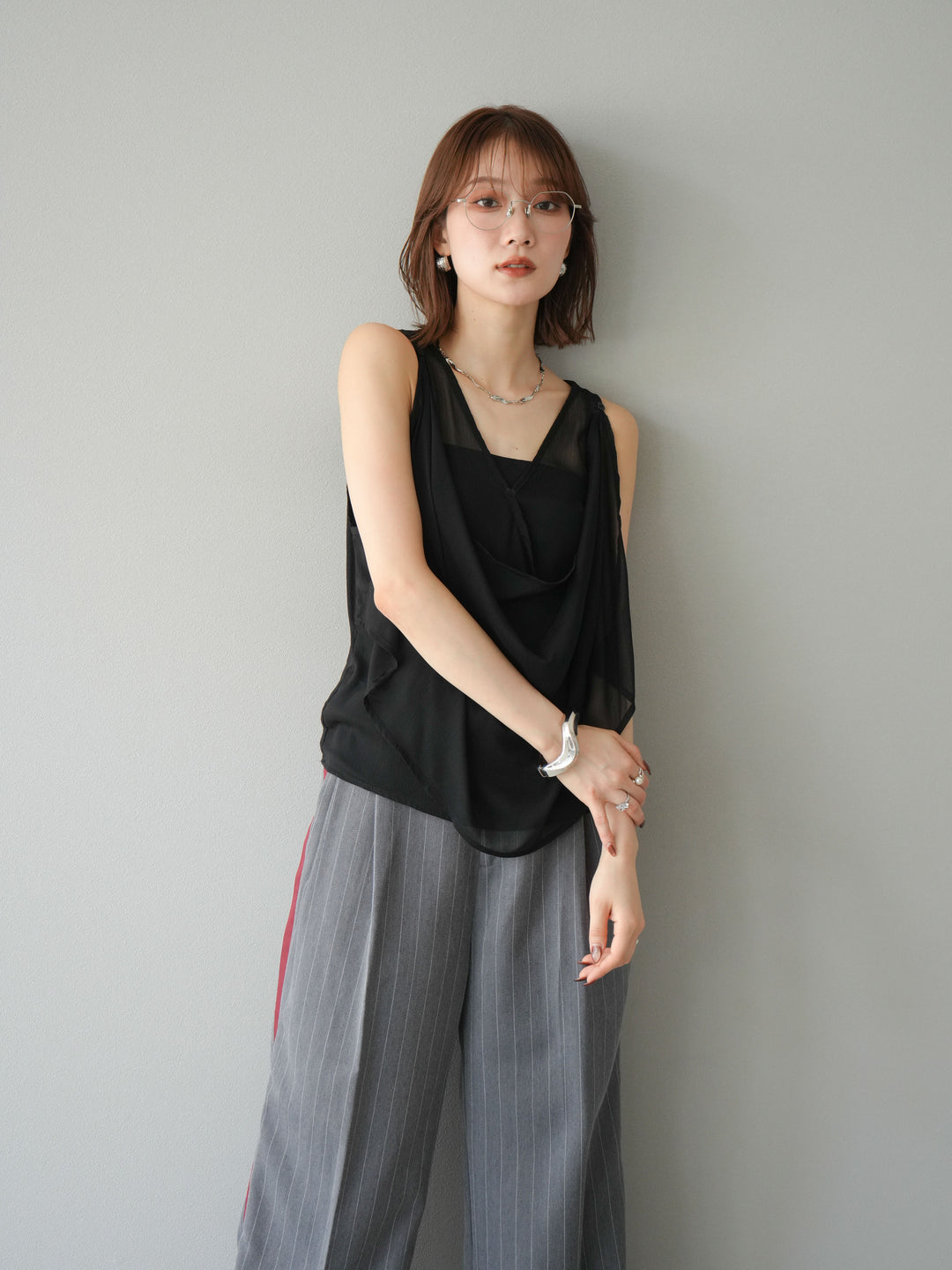 [予約]サイドラインストライプワイドパンツ/グレー