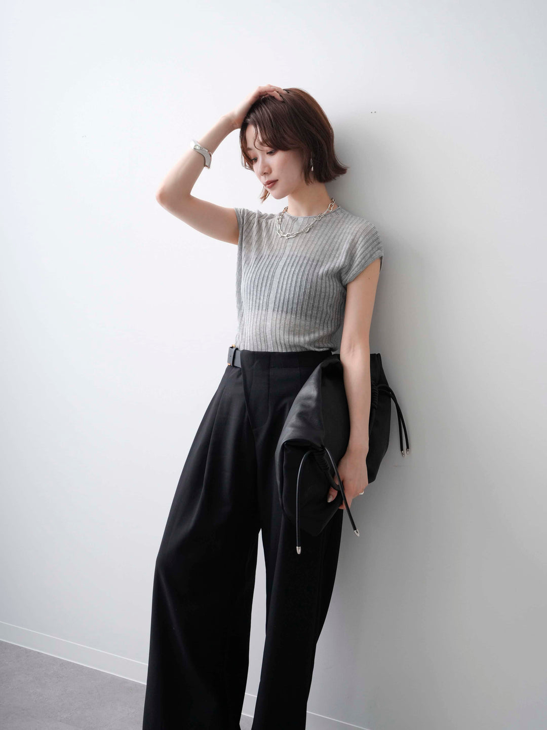 [予約]シアーリブフレンチニットトップス/grey