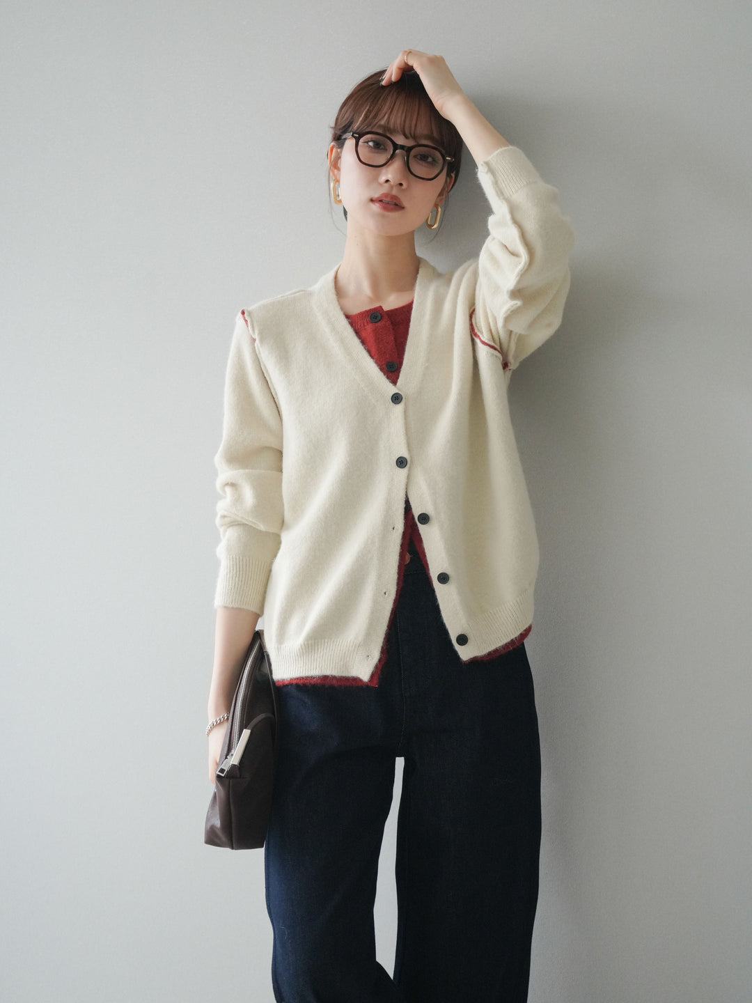 [予約]配色レイヤードニットカーディガン/ apricot