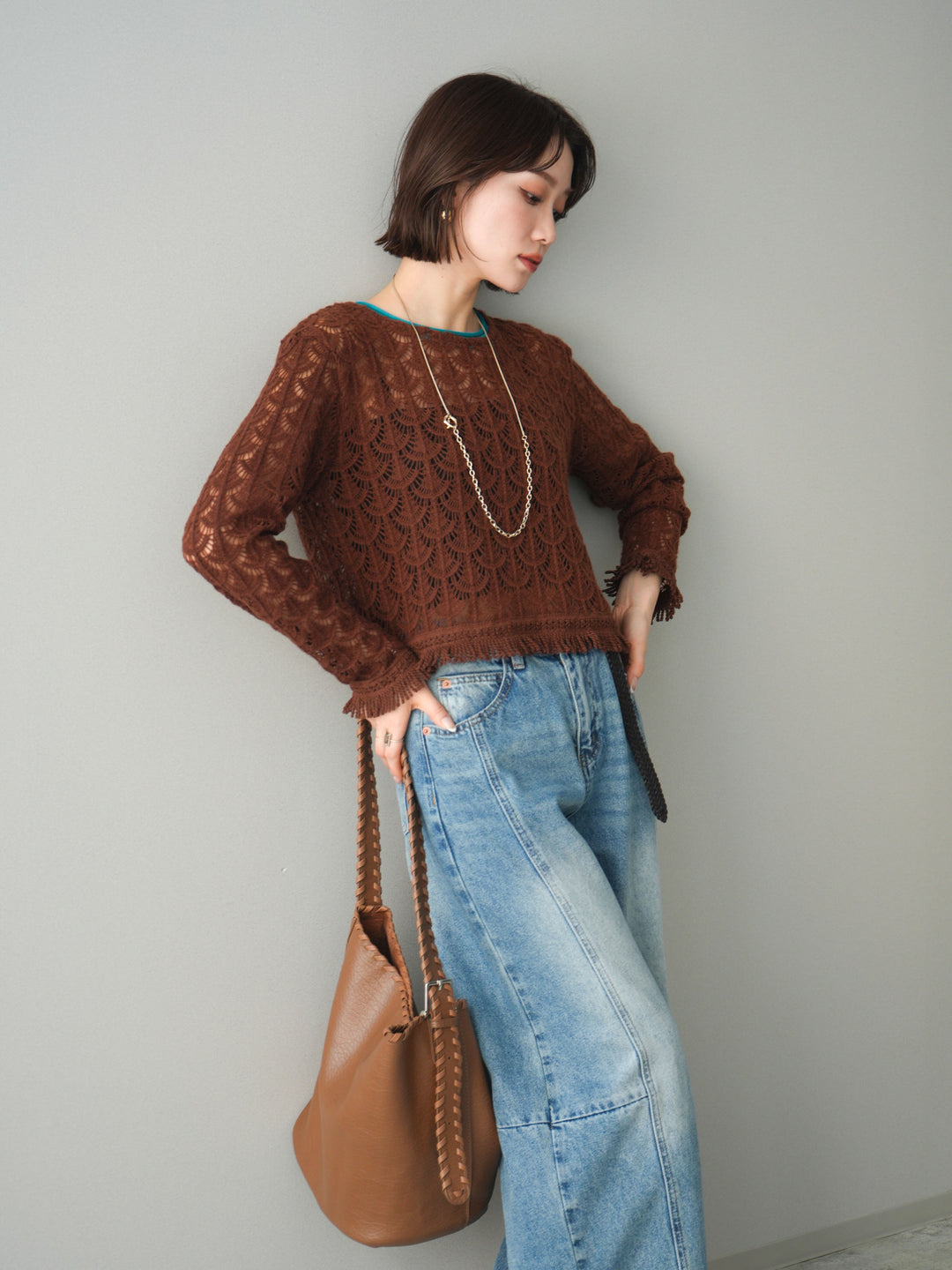 [予約]扇透かし編みクロップドニットプルオーバー/brown