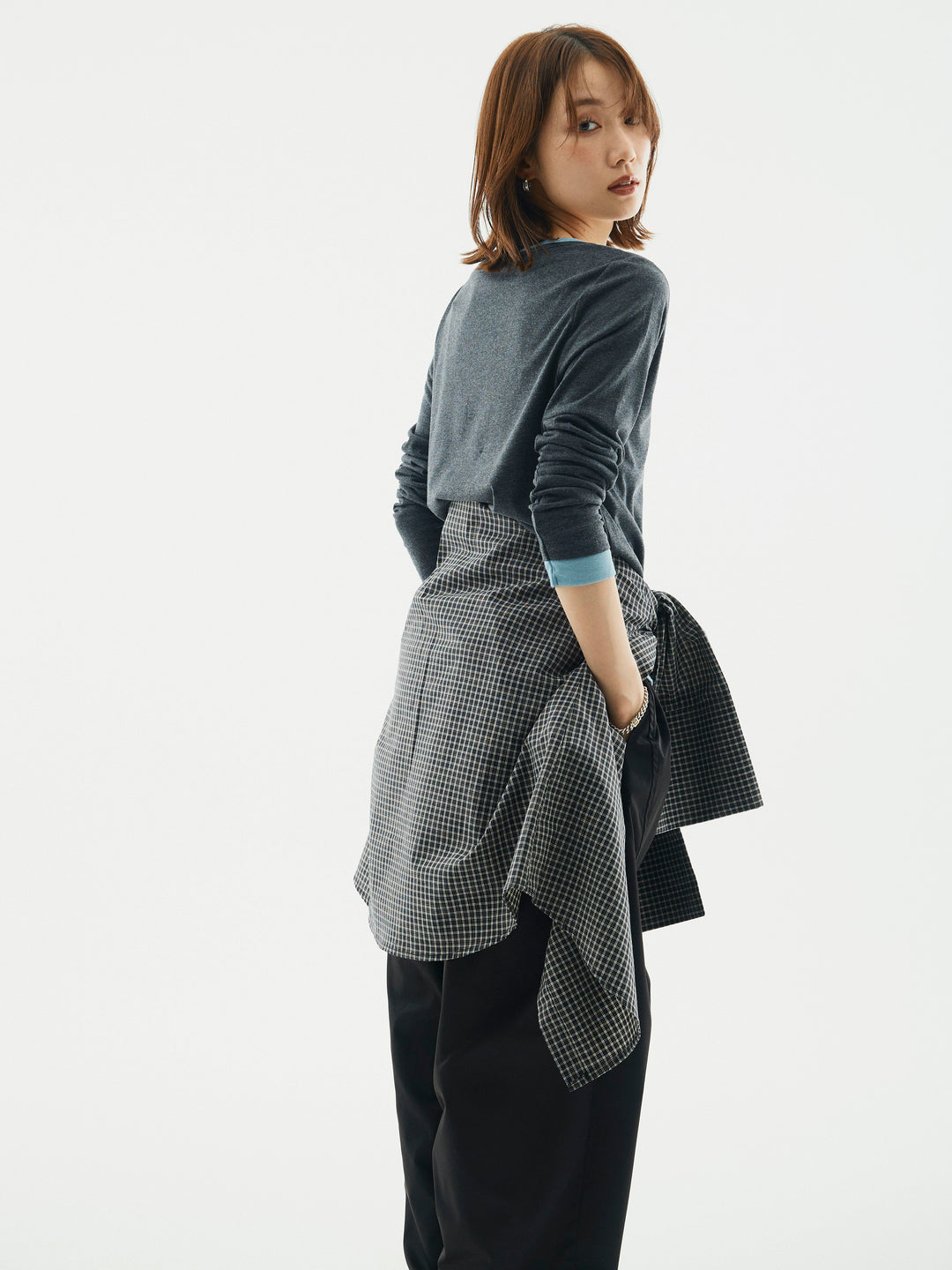 【Allure】[SET]配色レイヤードヘンリーネックトップス+チェックBIGカフスオーバーシャツ(2set)