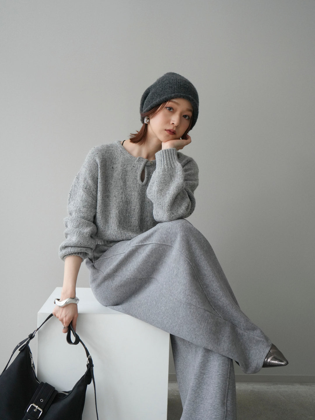 [予約]ツイストネックラメネップヤーンニットプルオーバー/gray