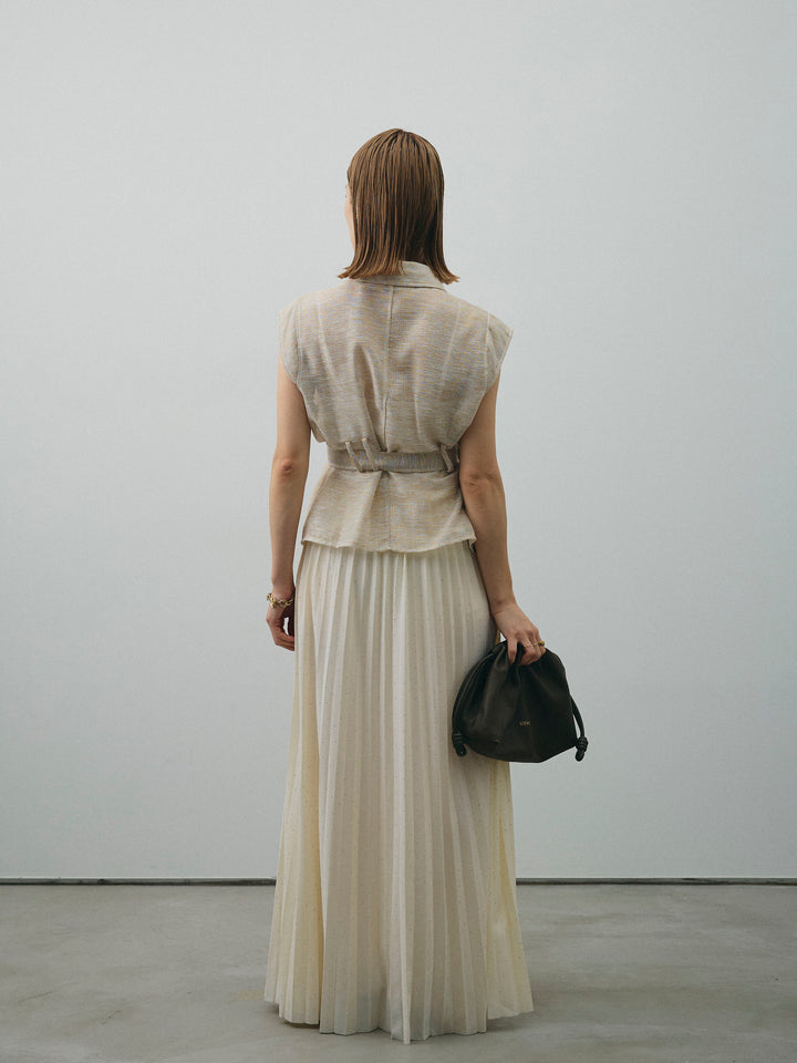 [SET]ミックスヤーンメッシュブラウス+ラインストーンプリーツスカート(2set)