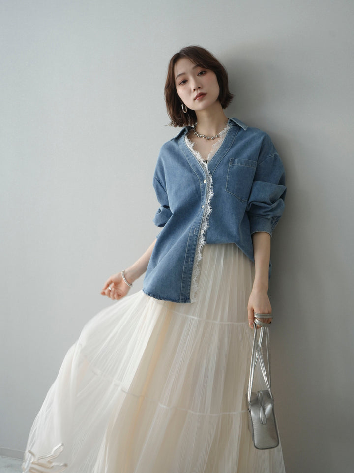[SET]レースレイヤードデニム開襟シャツ+ラメプリーツレイヤードチュールロングスカート(2set)