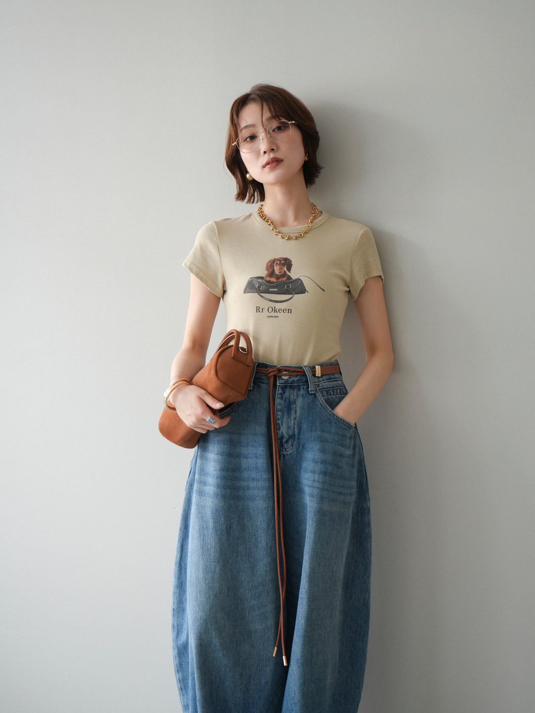 [SET]ドッグコンパクトTEE+ベルト付ボリュームデザインデニム(2set)