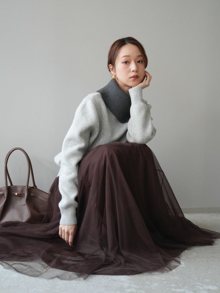 [予約]デザインネックバイカラーニットプルオーバー/gray