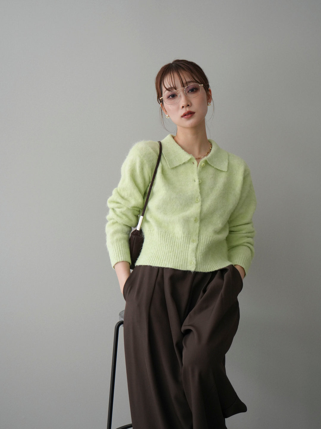 [SET]モヘア衿付きボタンプルオーバー+テープベルトタックバギーパンツ(2set)