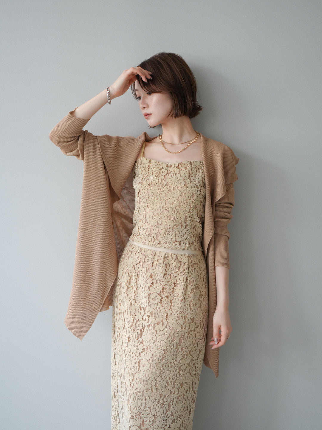[SET]ドレープリブニットガウン+フルレースキャミ＆IラインスカートSET UP(2set)