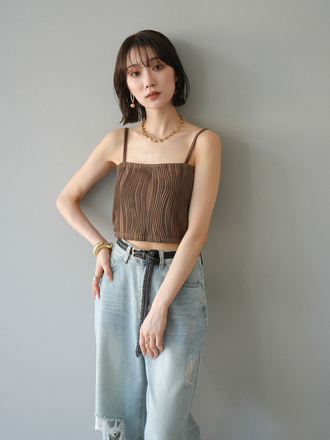 [SET]ウェーブパイピングカップ付ベアキャミソール+ウェーブパイピングカップ付ベアキャミソール(2set)