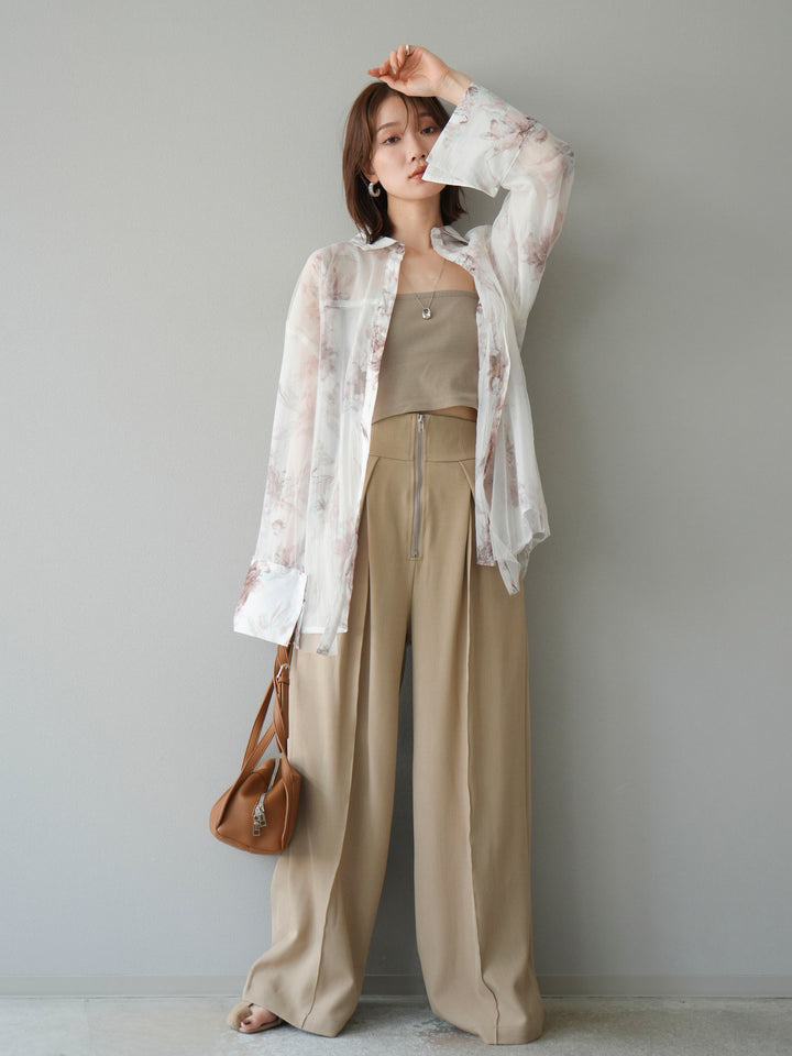 [予約]チュールドッキングフラワー柄オーバーサイズシャツ/オフ