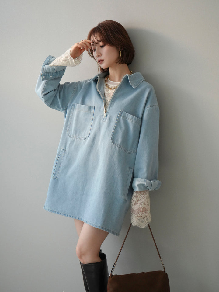 [SET]ハーフジップデニムミニワンピース+チュールレーストップス(2set)