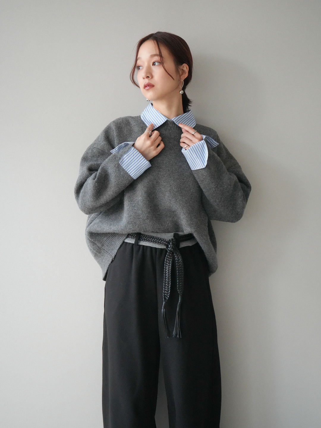 [SET]2WAYストライプ襟ニットプルオーバー+編み込みベルト付きウエスト配色スエットパンツ(2set)