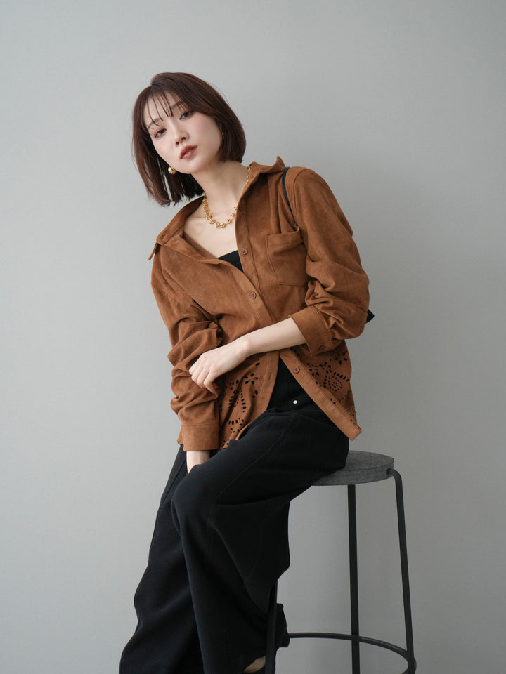 [予約]裾スカラップスエードシャツ/camel