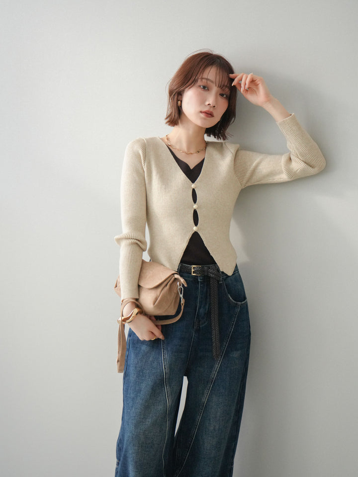 [予約]Vネック配色レイヤードスリットニットトップス/beige