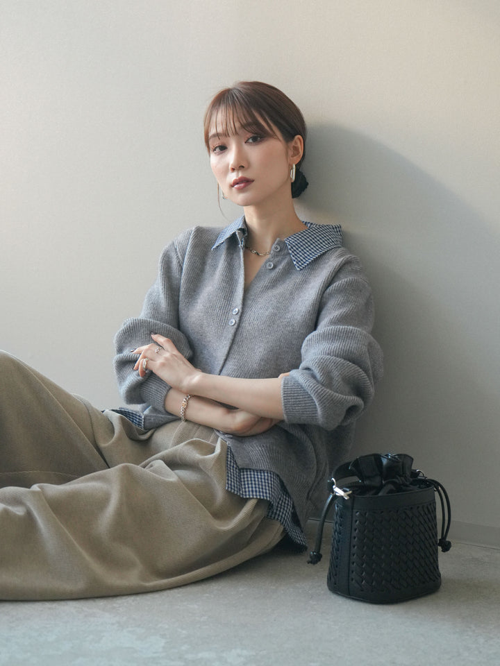 [予約]チェックシャツ襟ニットカーディガン/gray