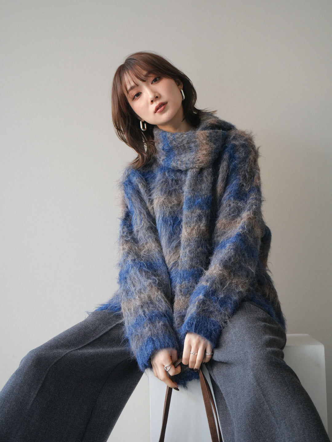 [予約]ストール付シャギーマルチボーダーニットプルオーバー/blue