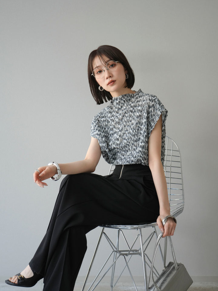 [SET] 多色隨機百褶法式上衣+拉鍊褶襉寬褲（2件套）