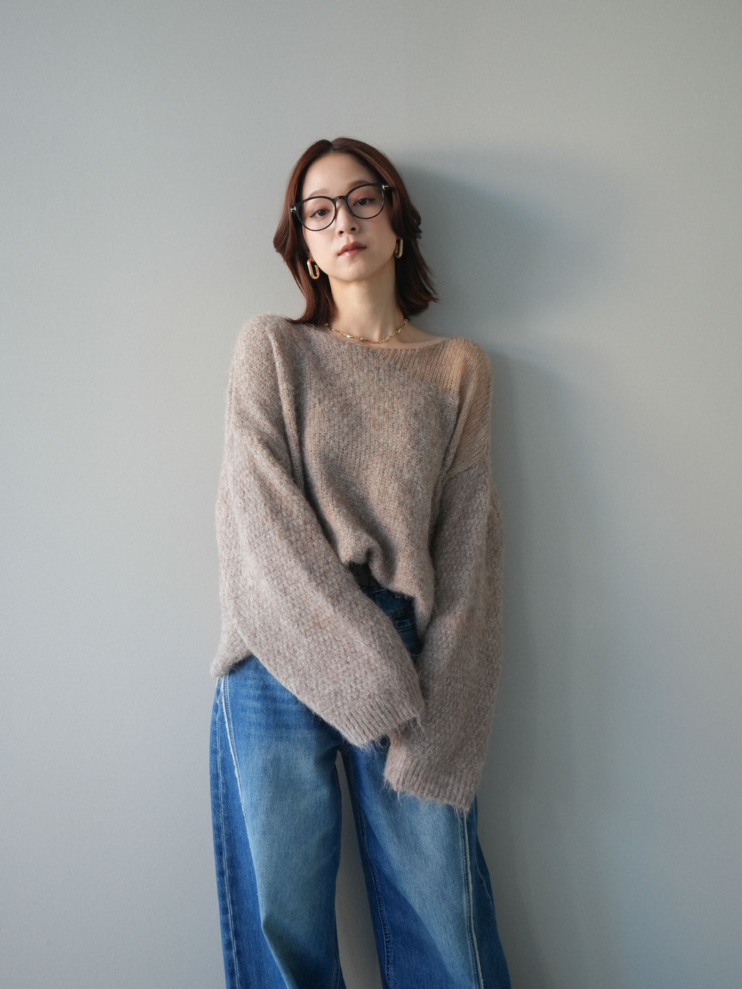 [SET]透かしデザインニットプルオーバー+サイドフリンジワイドデニムパンツ(2set)