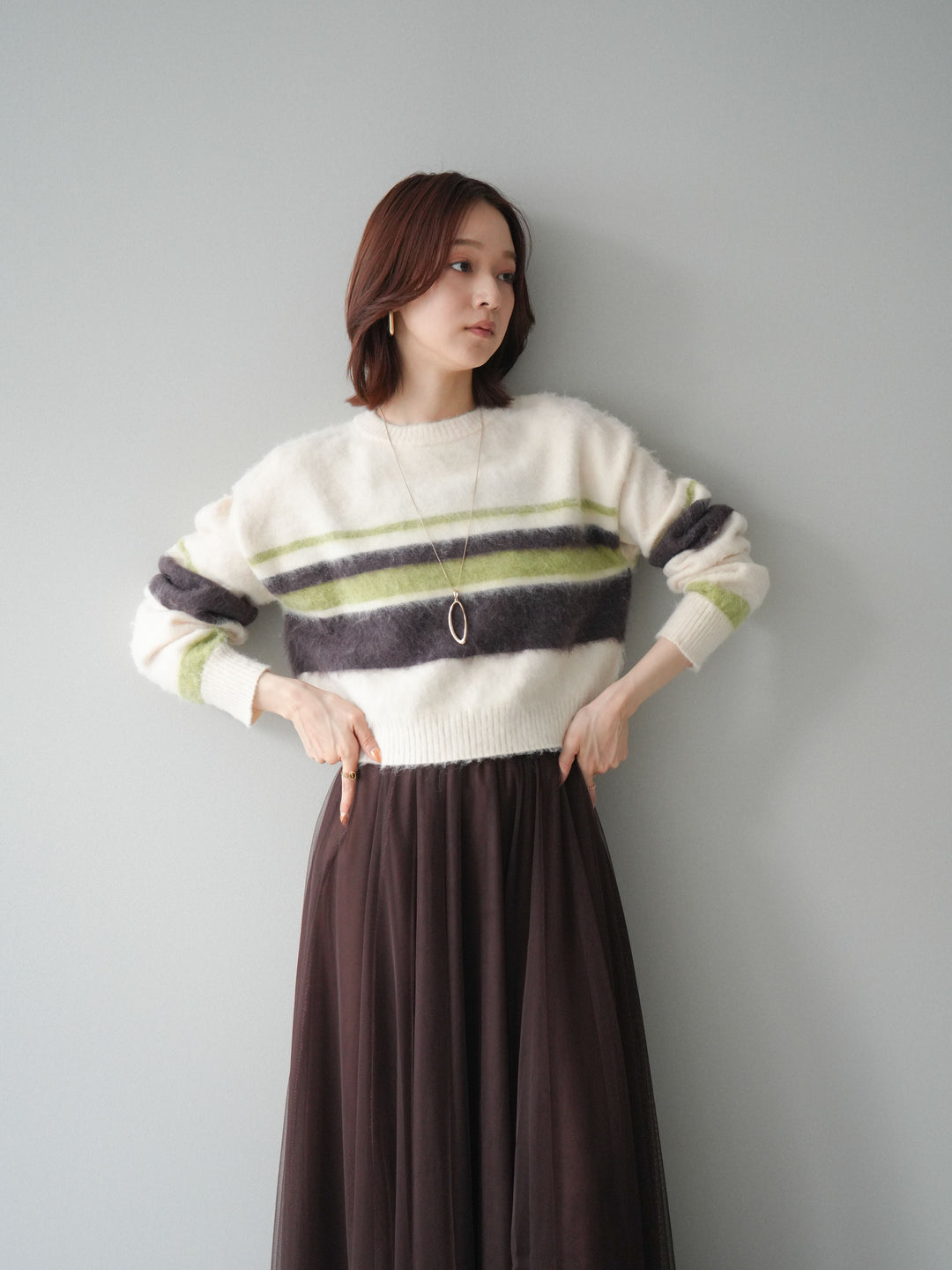 [SET]ソフトタッチボーダークロップドニットプルオーバー+チュールボリュームスカート(2set)