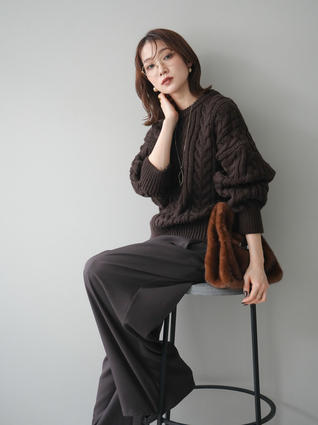 [予約]ボリュームケーブルニットプルオーバー/brown