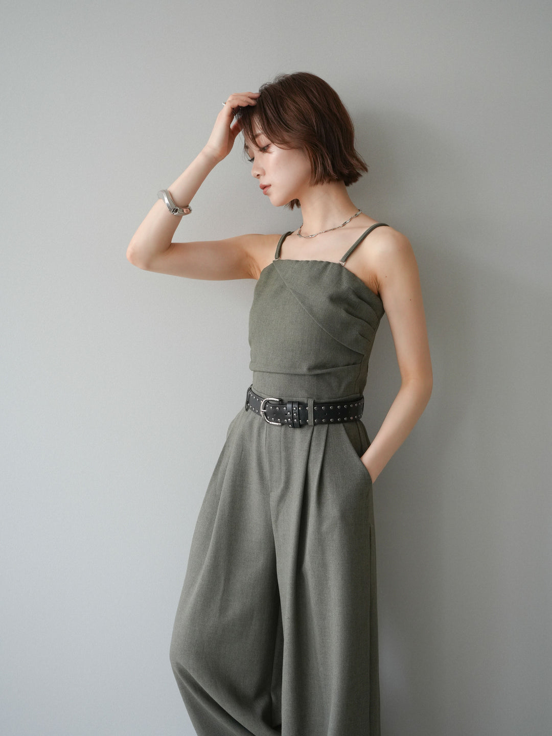 [予約]ベルト付バックシャーリングキャミオールインワン/green