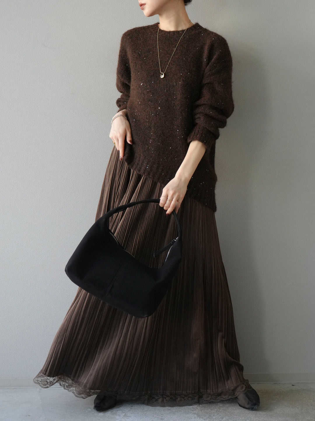 [予約]スパンコールニットプルオーバー/ブラウン