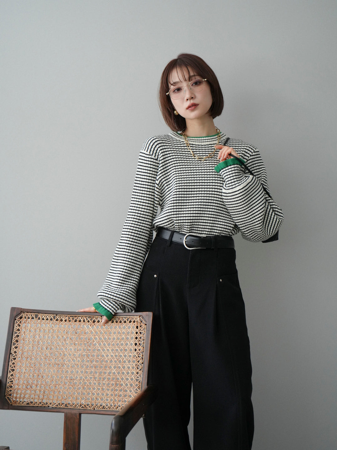 [予約]ラメ異素材ボーダーリブニットプルオーバー/off×green