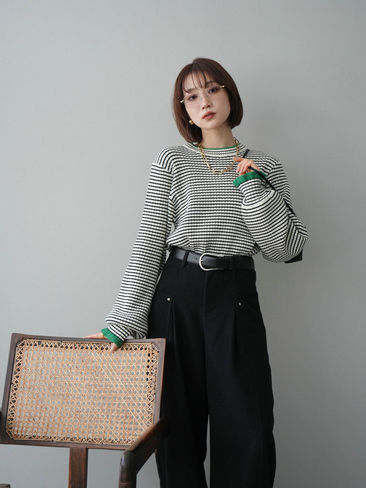 [予約]ラメ異素材ボーダーリブニットプルオーバー/off×green