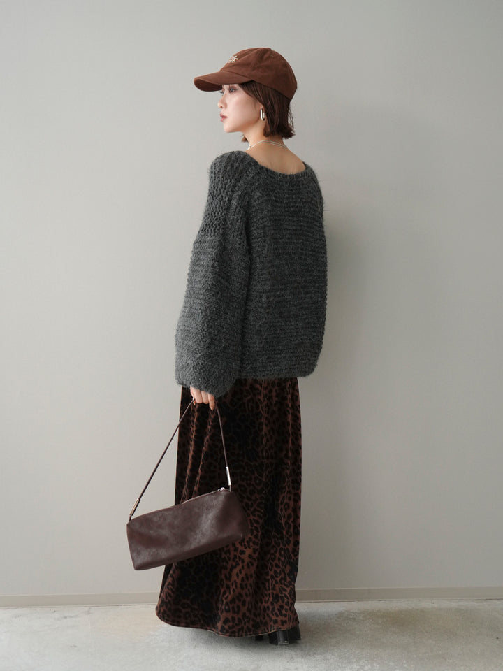 [SET]ワッフル編みシャギーニットプルオーバー+レオパードベロアナロースカート(2set)