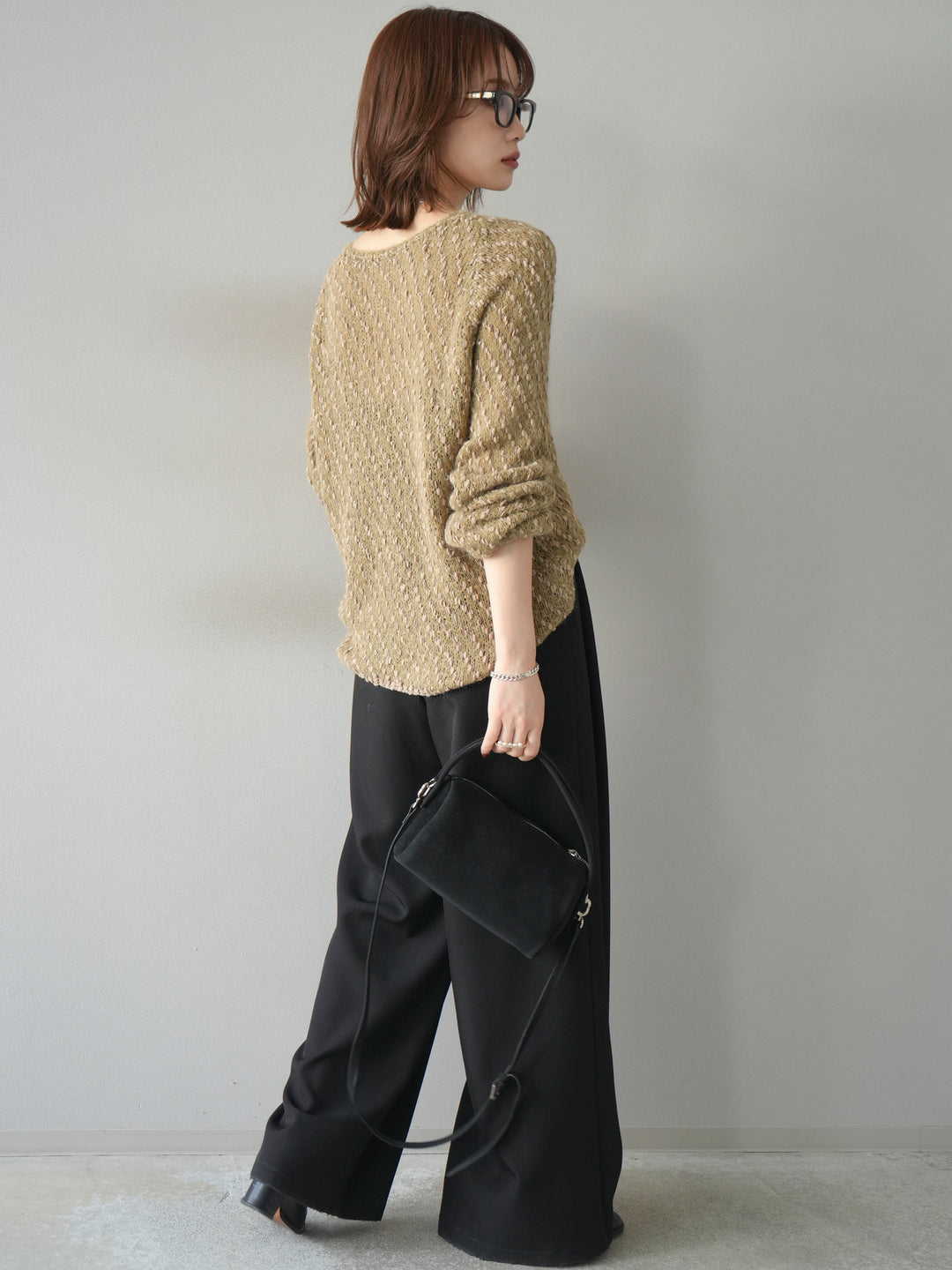 【着回しセット】[SET]求心柄クロップドニットカーディガン+異素材ミックスヤーンニットプルオーバー+ベルトループデザインワイドパンツ(3set)